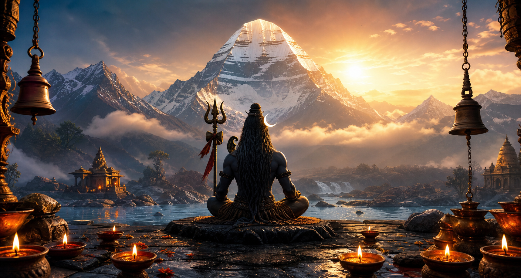 Lord Shiva meditating before Mount Kailash at sunrise with temple lamps.