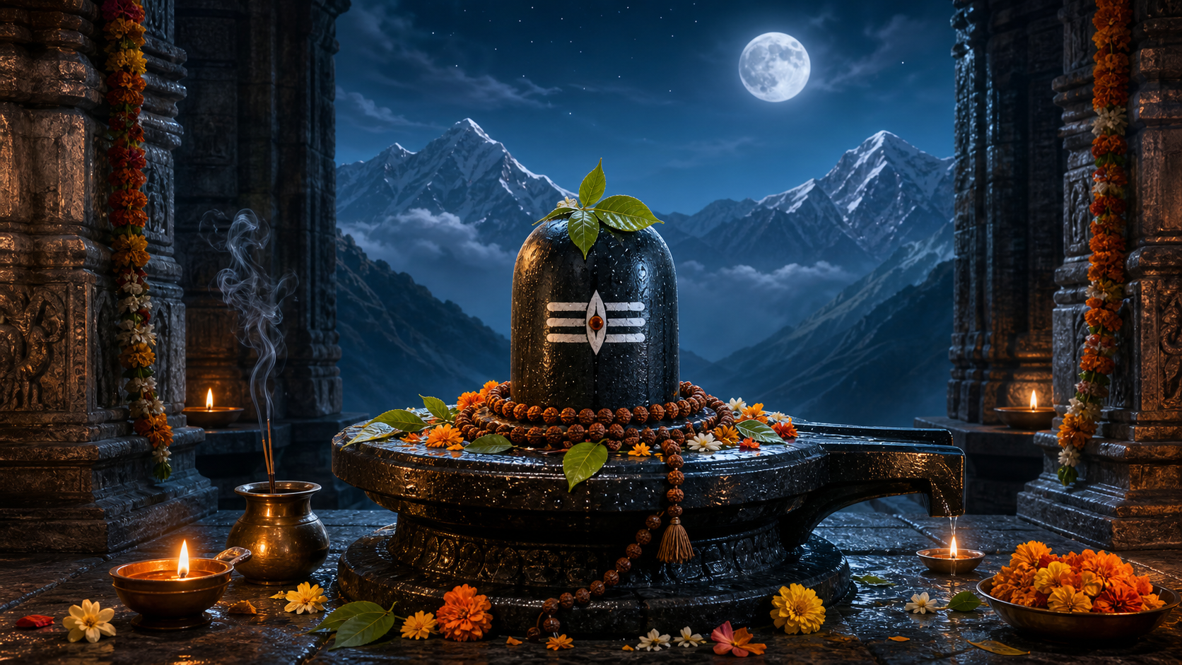 Sacred Shiva lingam in a moonlit Himalayan temple.